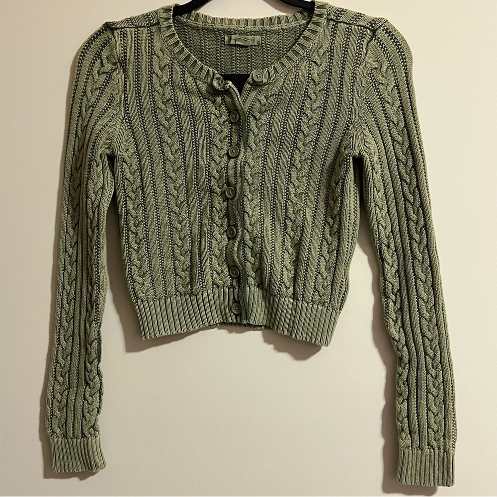 American Eagle Green Knit Cropped Button Down Sweater Size XS